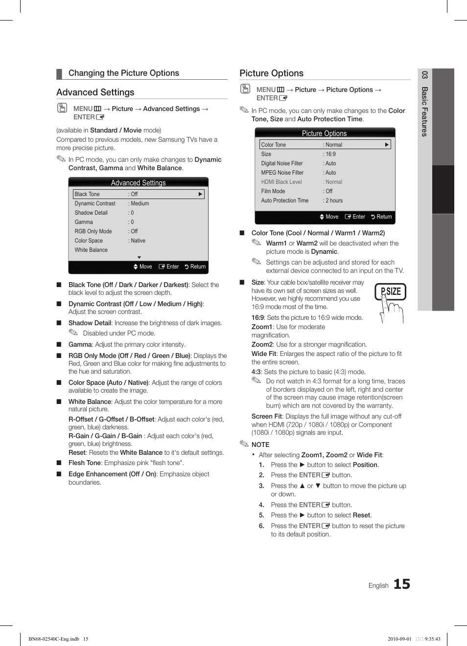 Tools, Advanced settings, Picture options | Samsung LN52C530F1FXZA User Manual | Page 15 / 40