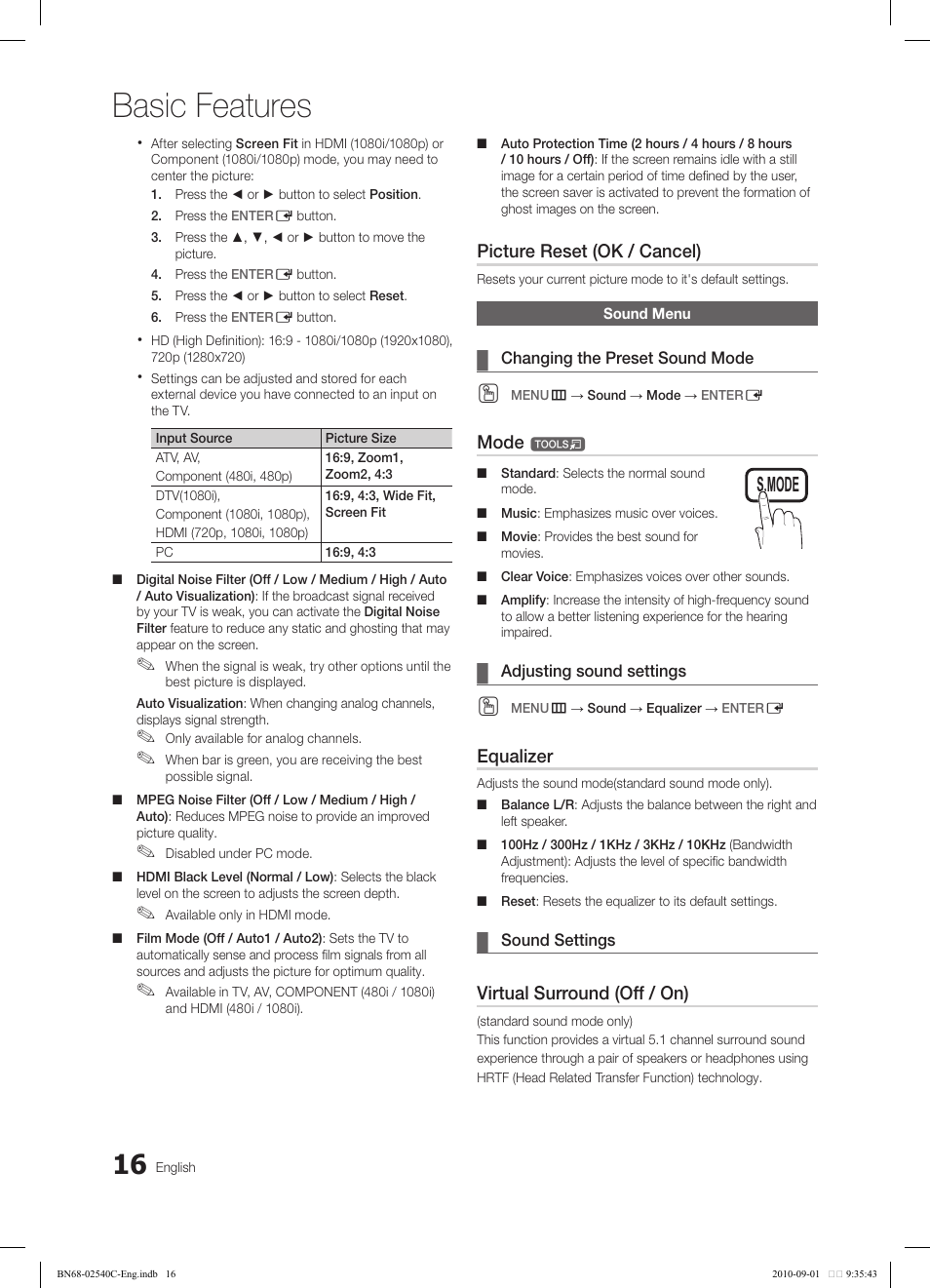 Basic features, Tools, Picture reset (ok / cancel) | Mode, Equalizer, Virtual surround (off / on) | Samsung LN52C530F1FXZA User Manual | Page 16 / 40
