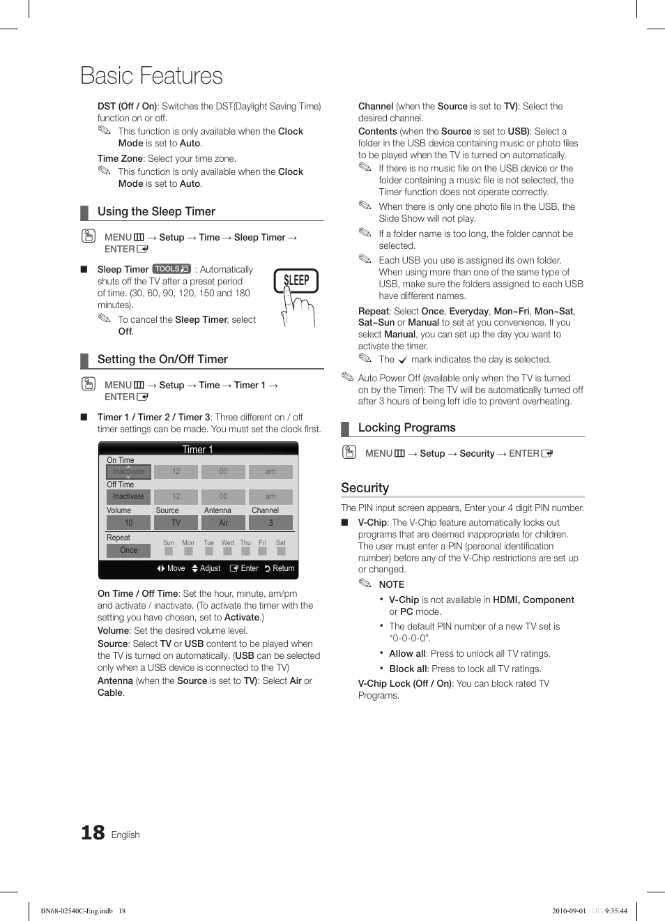 Basic features, Tools | Samsung LN52C530F1FXZA User Manual | Page 18 / 40