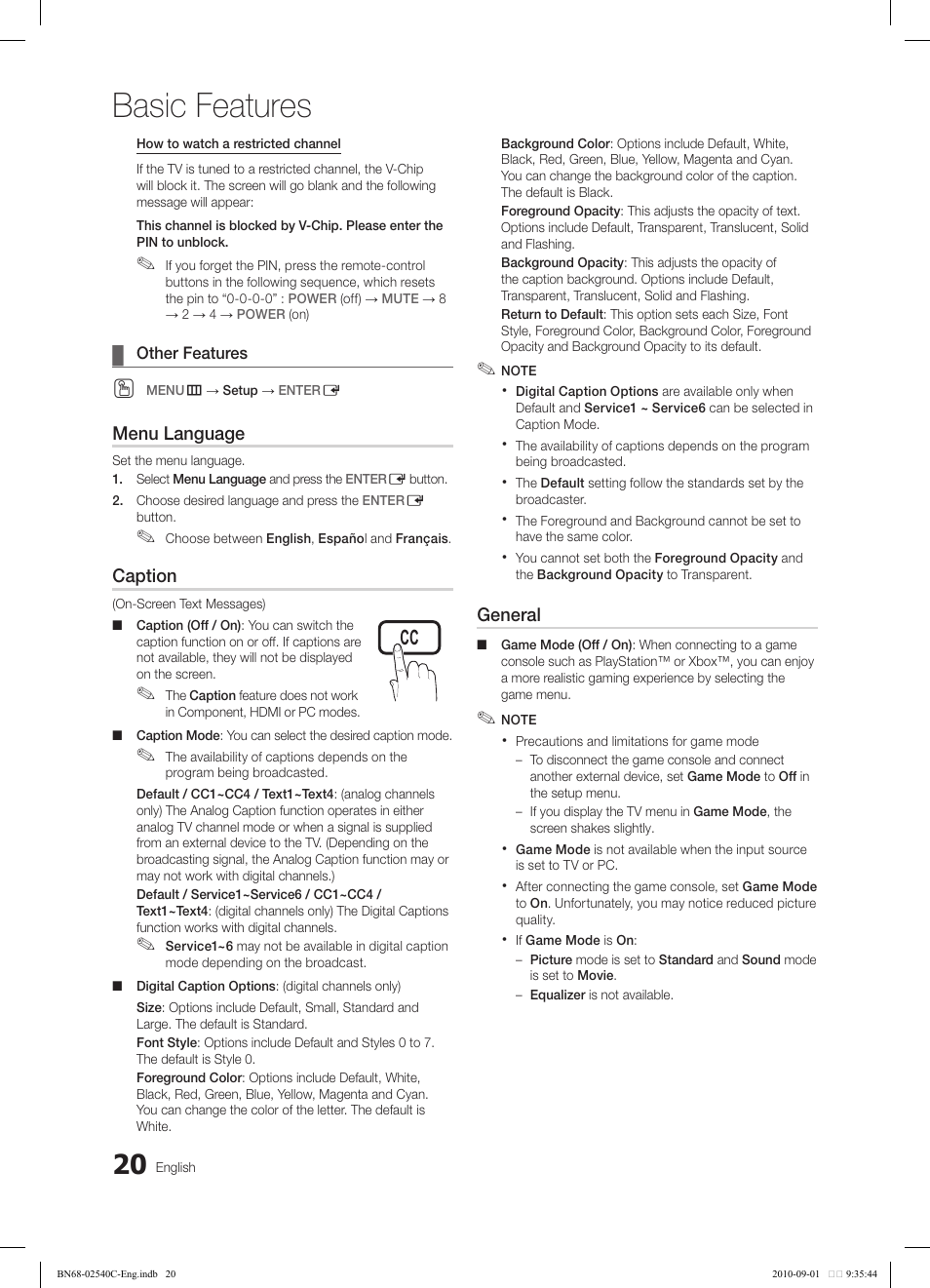 Basic features, Tools | Samsung LN52C530F1FXZA User Manual | Page 20 / 40