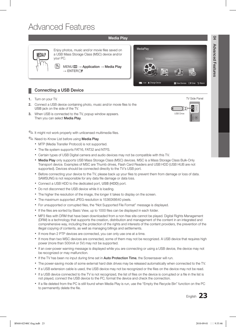 Advanced features | Samsung LN52C530F1FXZA User Manual | Page 23 / 40