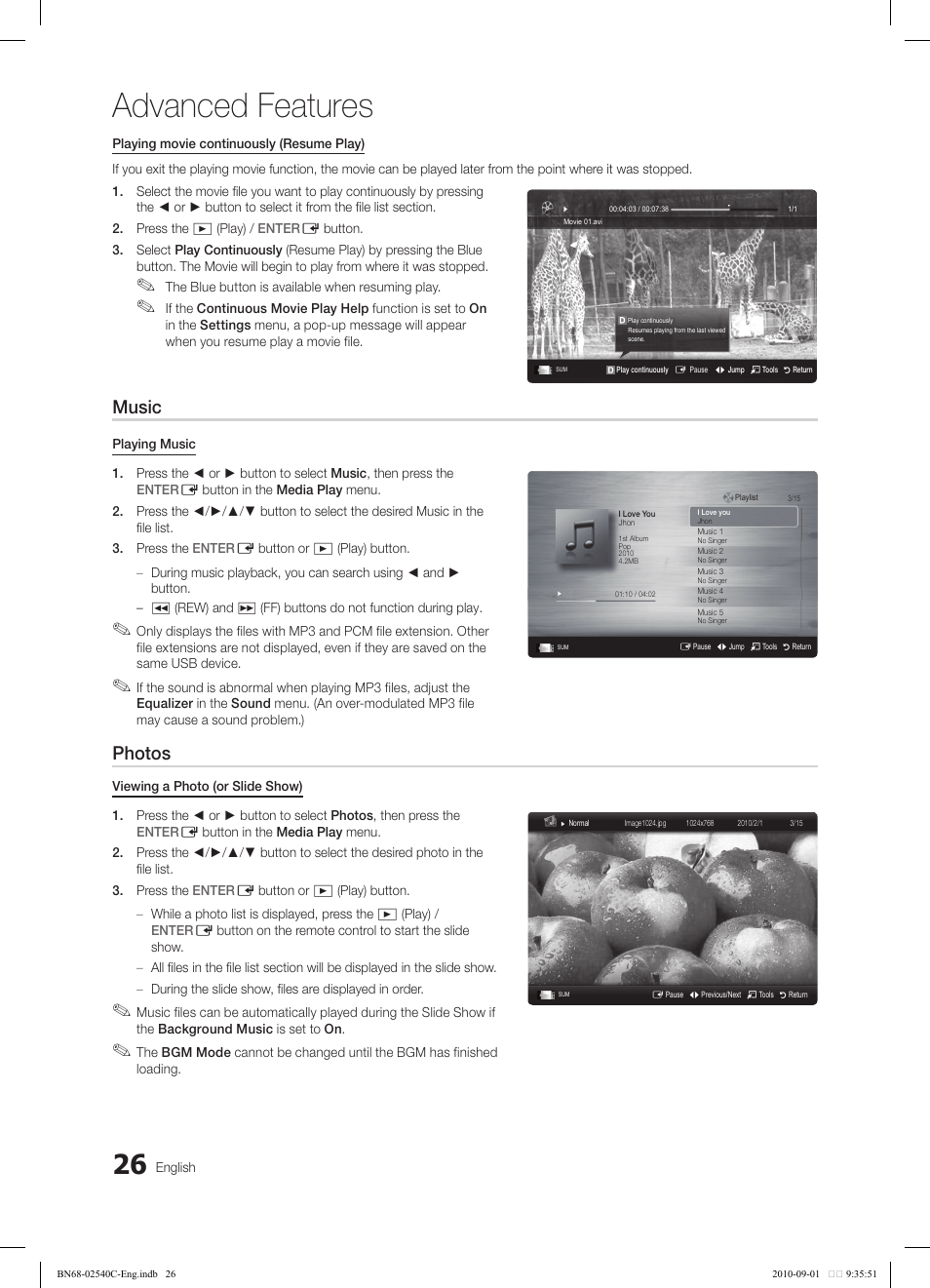 Advanced features, Music, Photos | Samsung LN52C530F1FXZA User Manual | Page 26 / 40