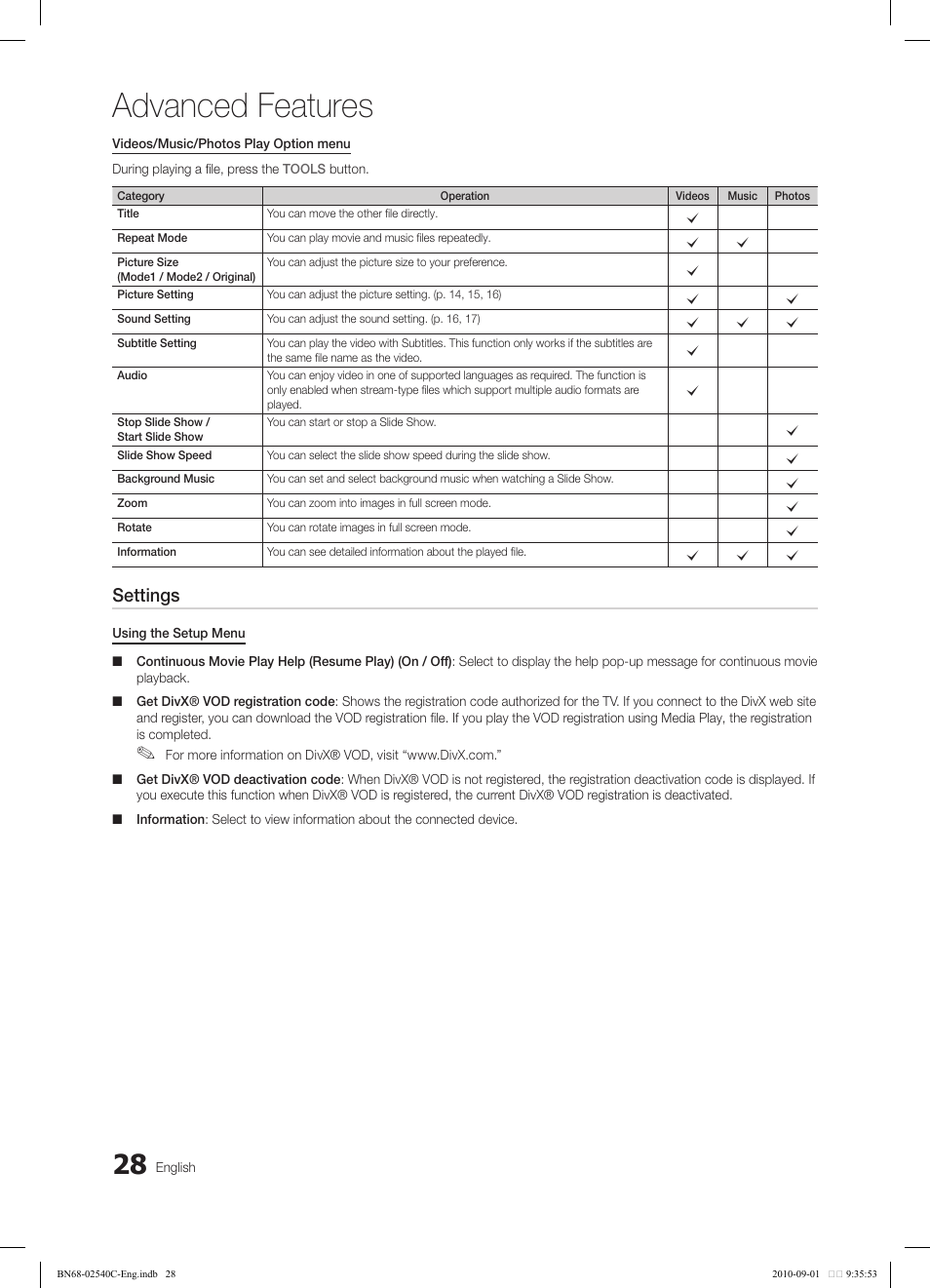 Advanced features, Settings | Samsung LN52C530F1FXZA User Manual | Page 28 / 40