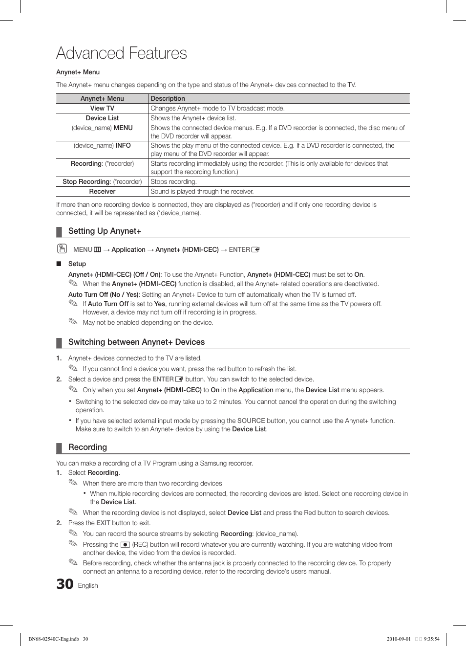 Advanced features | Samsung LN52C530F1FXZA User Manual | Page 30 / 40