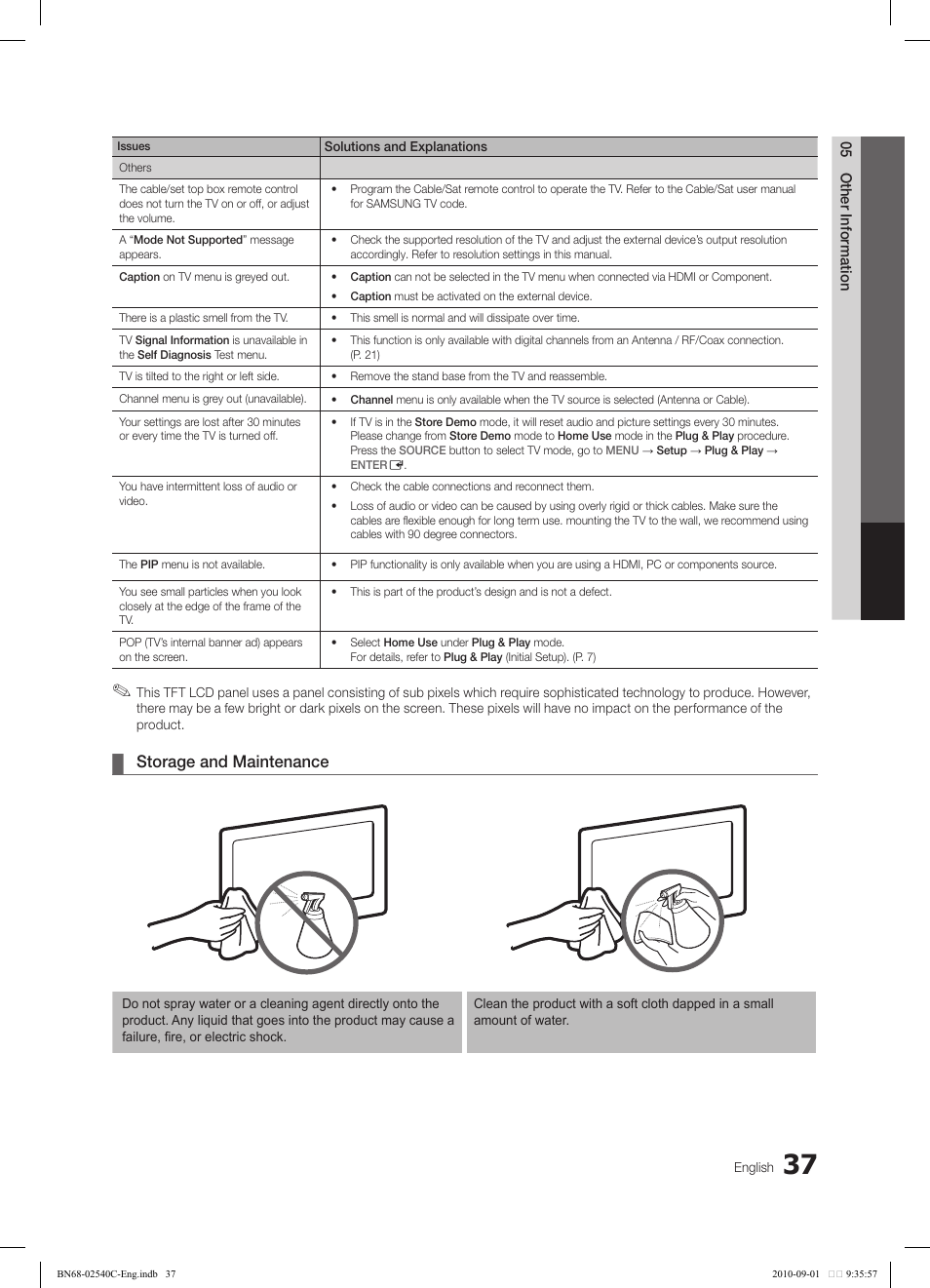 Storage and maintenance | Samsung LN52C530F1FXZA User Manual | Page 37 / 40