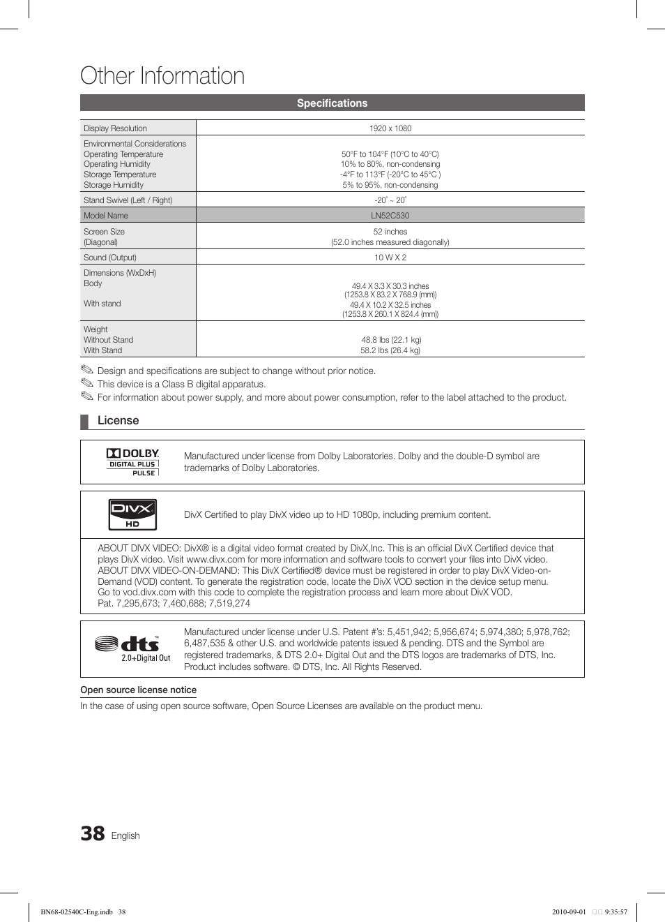 Other information | Samsung LN52C530F1FXZA User Manual | Page 38 / 40