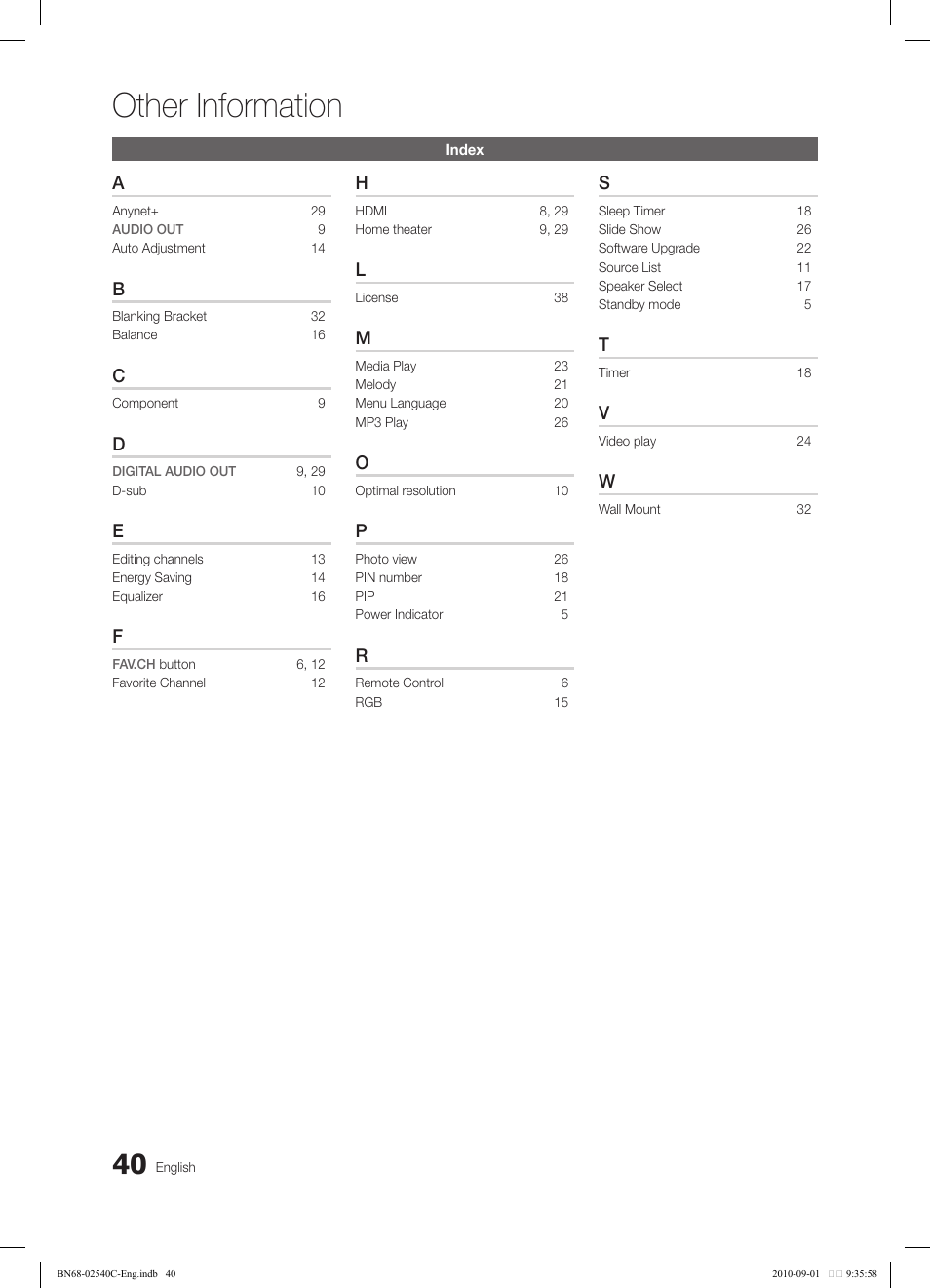 Other information | Samsung LN52C530F1FXZA User Manual | Page 40 / 40