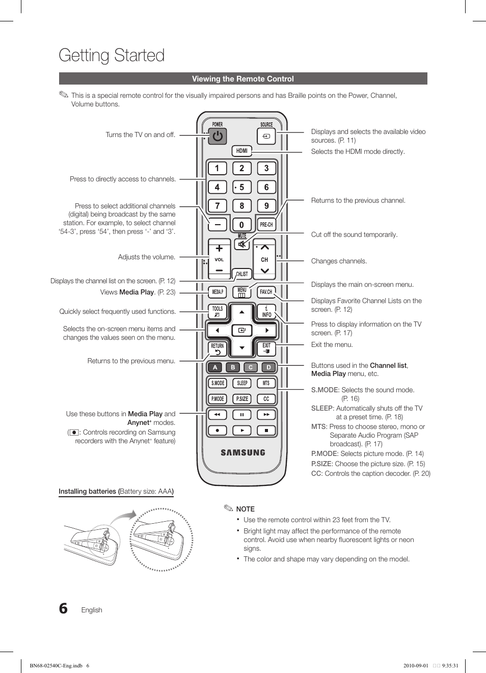 Getting started | Samsung LN52C530F1FXZA User Manual | Page 6 / 40