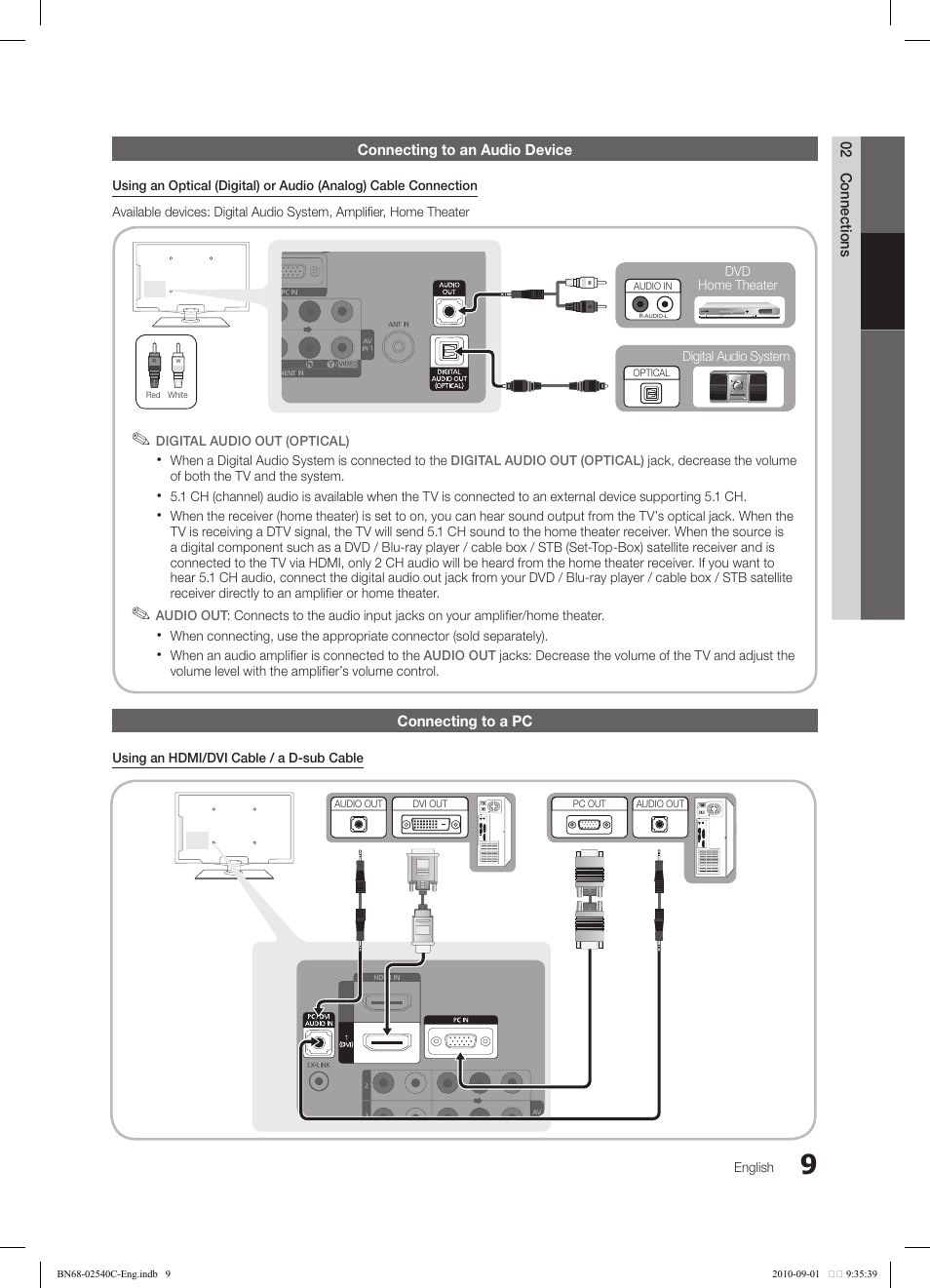 02 connections connecting to an audio device, Connecting to a pc | Samsung LN52C530F1FXZA User Manual | Page 9 / 40