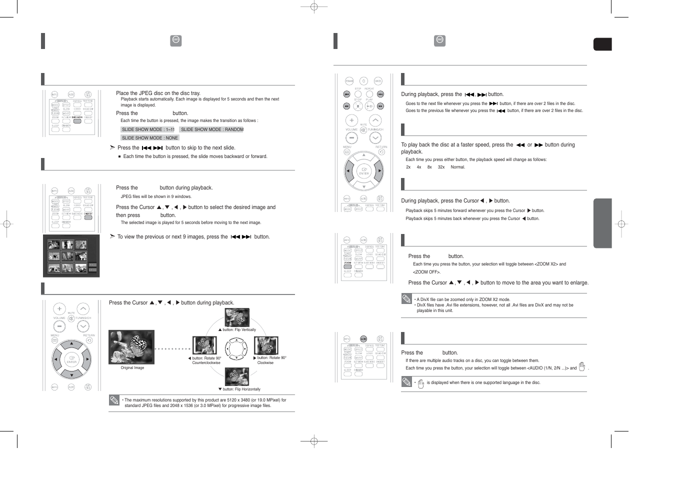 Jpeg file playback, Divx playback, Slide mode 1 | Digest function, Rotate/flip function, Skip forward/back, 5 minute skip function, Fast playback 1, Zoom function, Audio display | Samsung HT-X20T-XAA User Manual | Page 13 / 32
