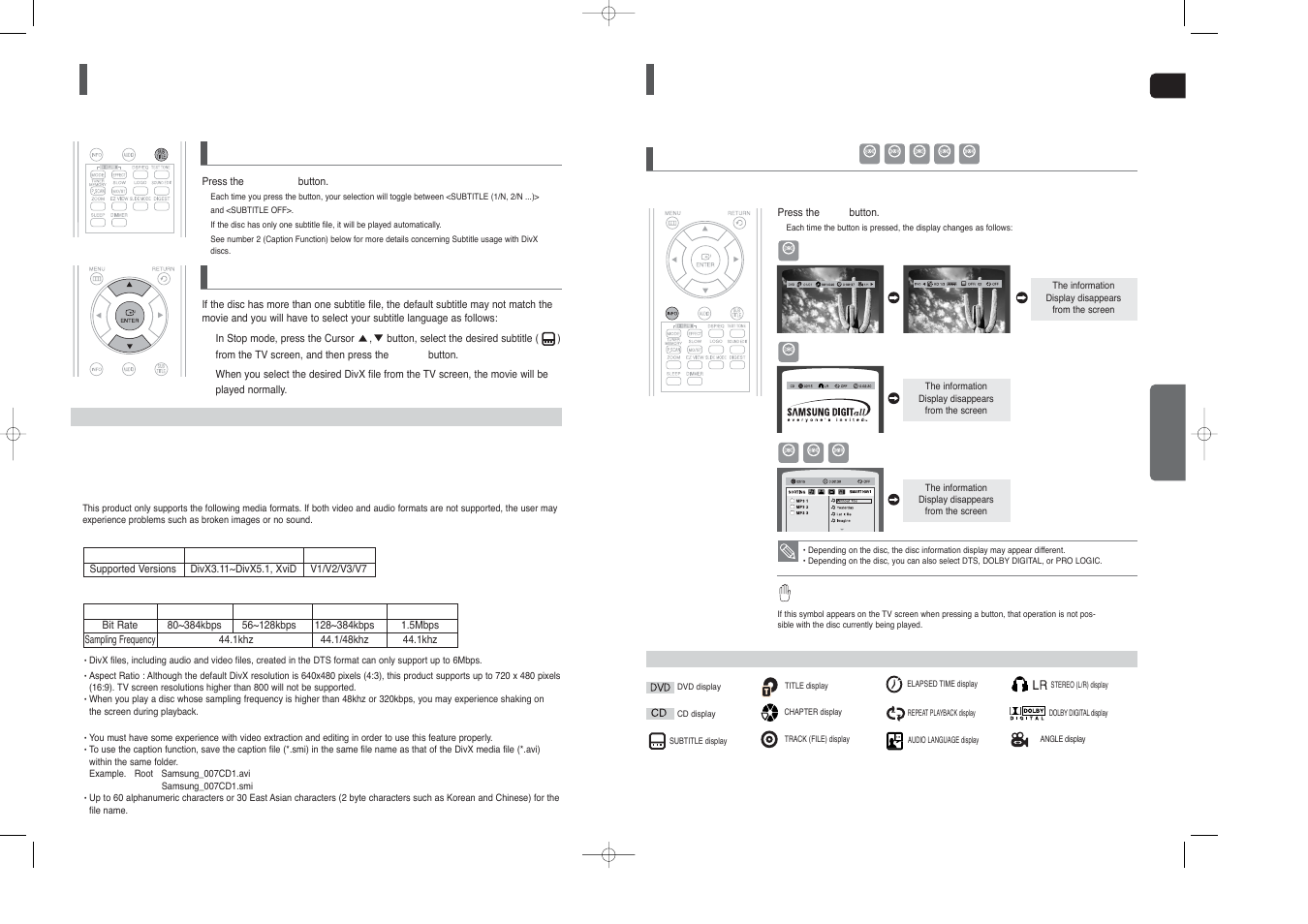 Using the playback function, Divx playback, Con’t) | If the disc has more than one subtitle file, Subtitle display, Displaying disc information | Samsung HT-X20T-XAA User Manual | Page 14 / 32