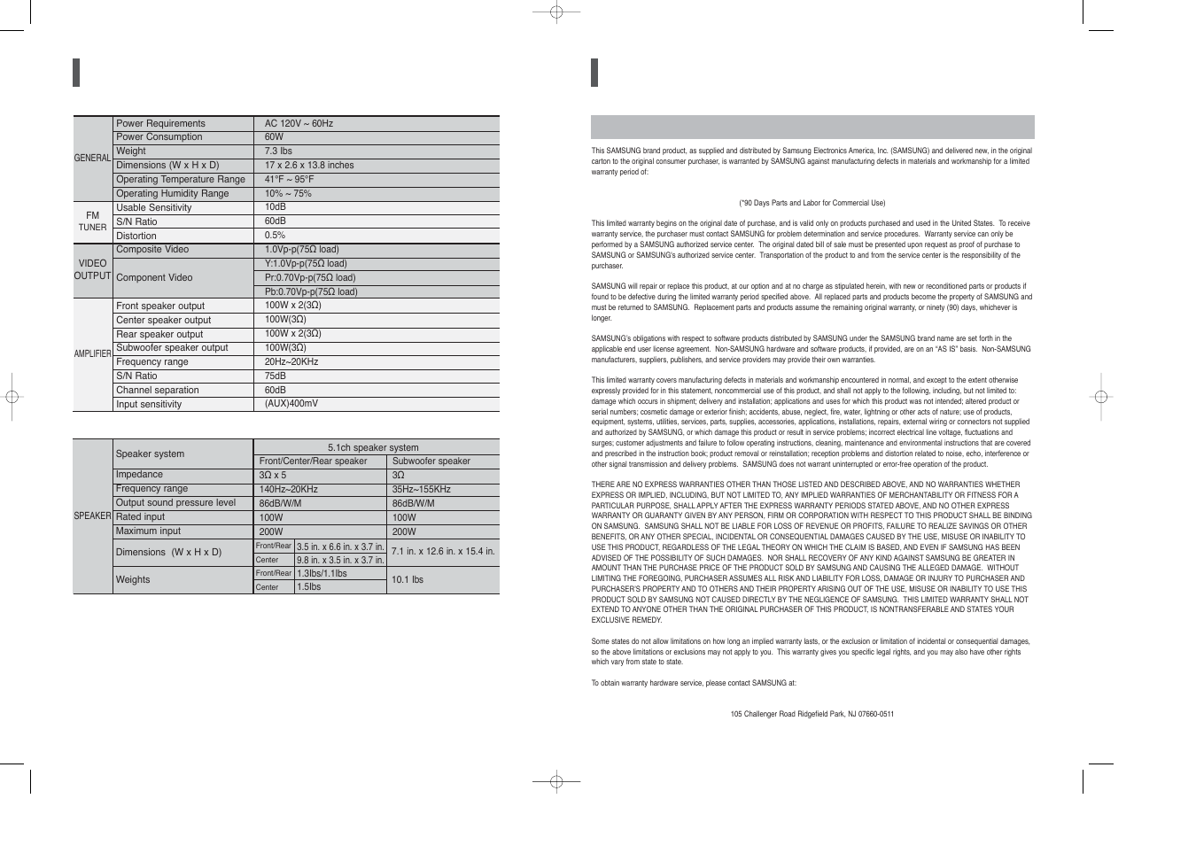 Specifications, Warranty | Samsung HT-X20T-XAA User Manual | Page 31 / 32