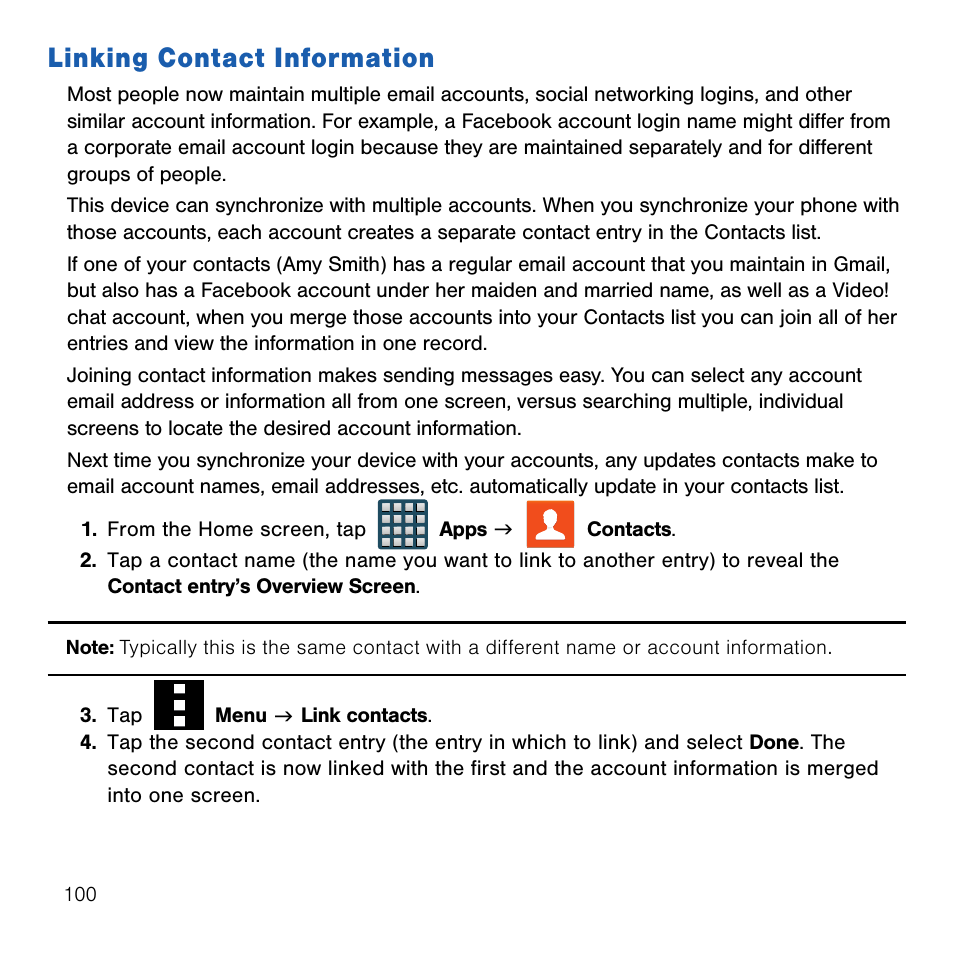 Linking contact information | Samsung SM-G386TZKATMB User Manual | Page 100 / 313