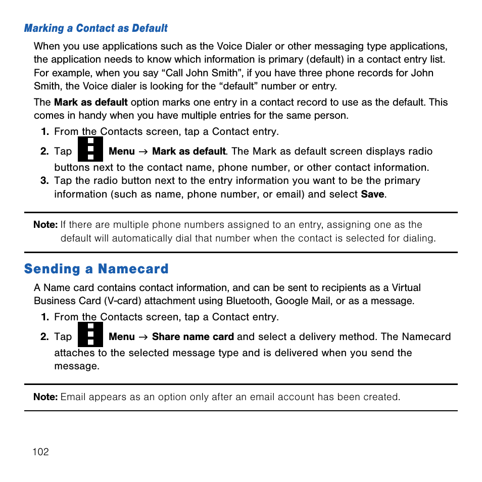 Sending a namecard | Samsung SM-G386TZKATMB User Manual | Page 102 / 313