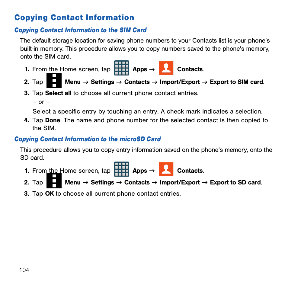 Copying contact information | Samsung SM-G386TZKATMB User Manual | Page 104 / 313