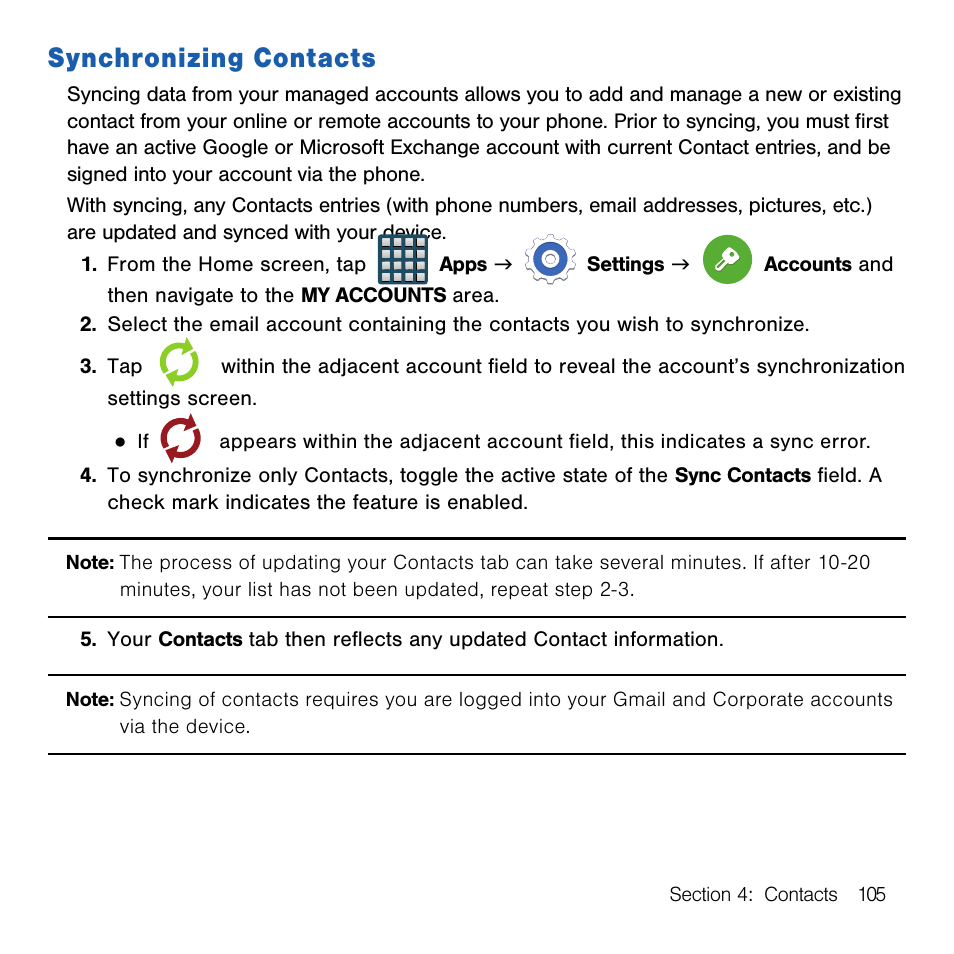 Synchronizing contacts | Samsung SM-G386TZKATMB User Manual | Page 105 / 313