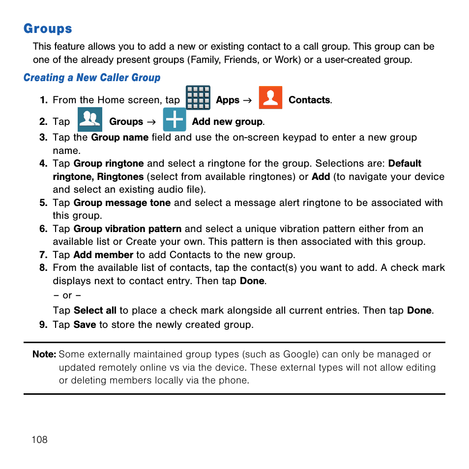 Groups | Samsung SM-G386TZKATMB User Manual | Page 108 / 313