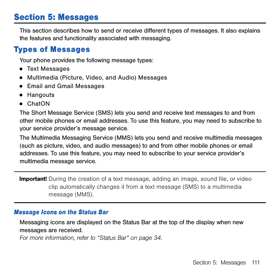 Section 5: messages, Types of messages | Samsung SM-G386TZKATMB User Manual | Page 111 / 313