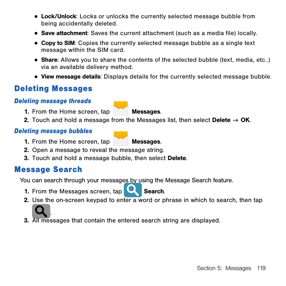 Deleting messages, Message search, Deleting messages message search | Samsung SM-G386TZKATMB User Manual | Page 119 / 313