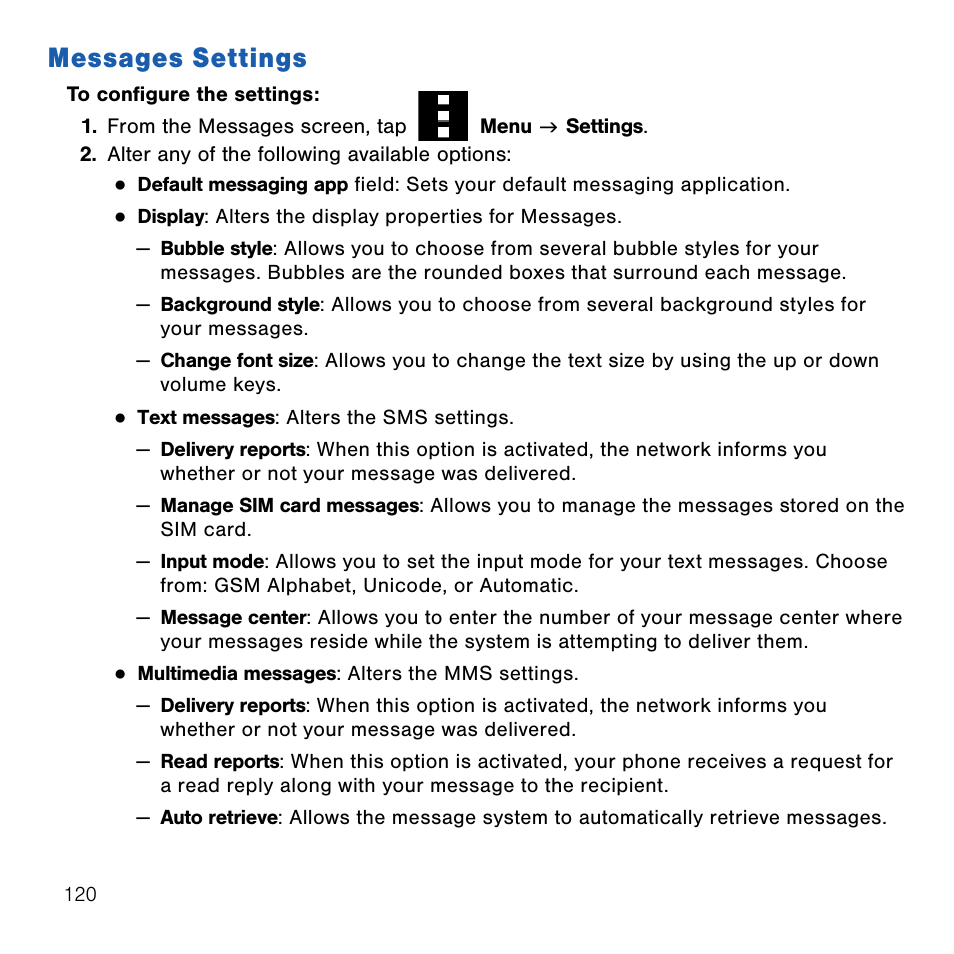 Messages settings | Samsung SM-G386TZKATMB User Manual | Page 120 / 313