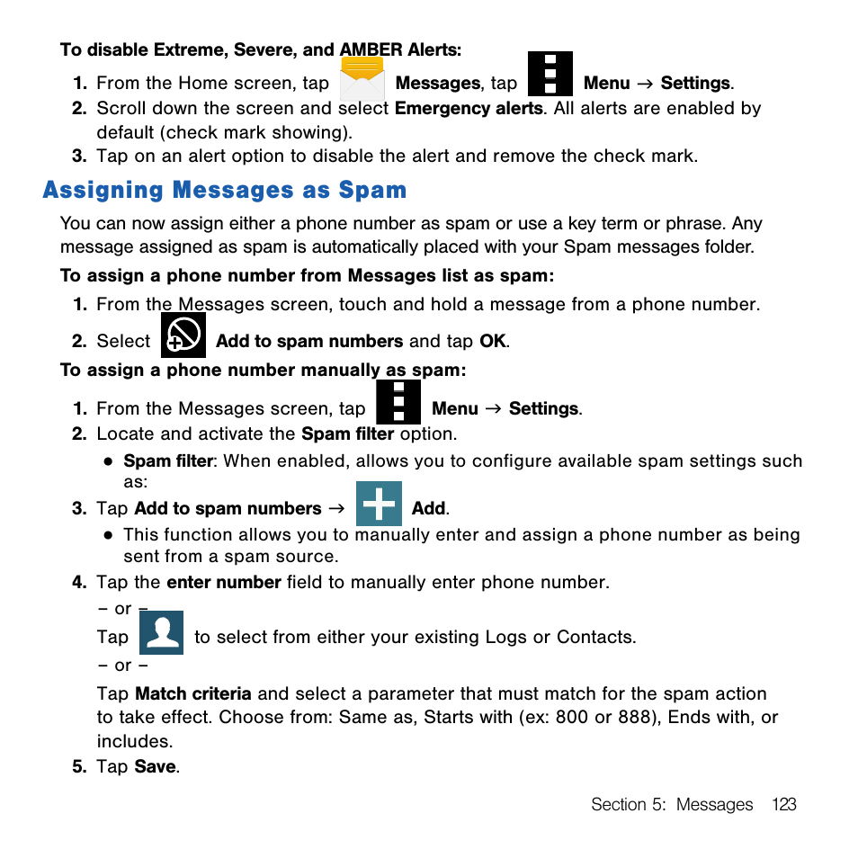 Assigning messages as spam | Samsung SM-G386TZKATMB User Manual | Page 123 / 313