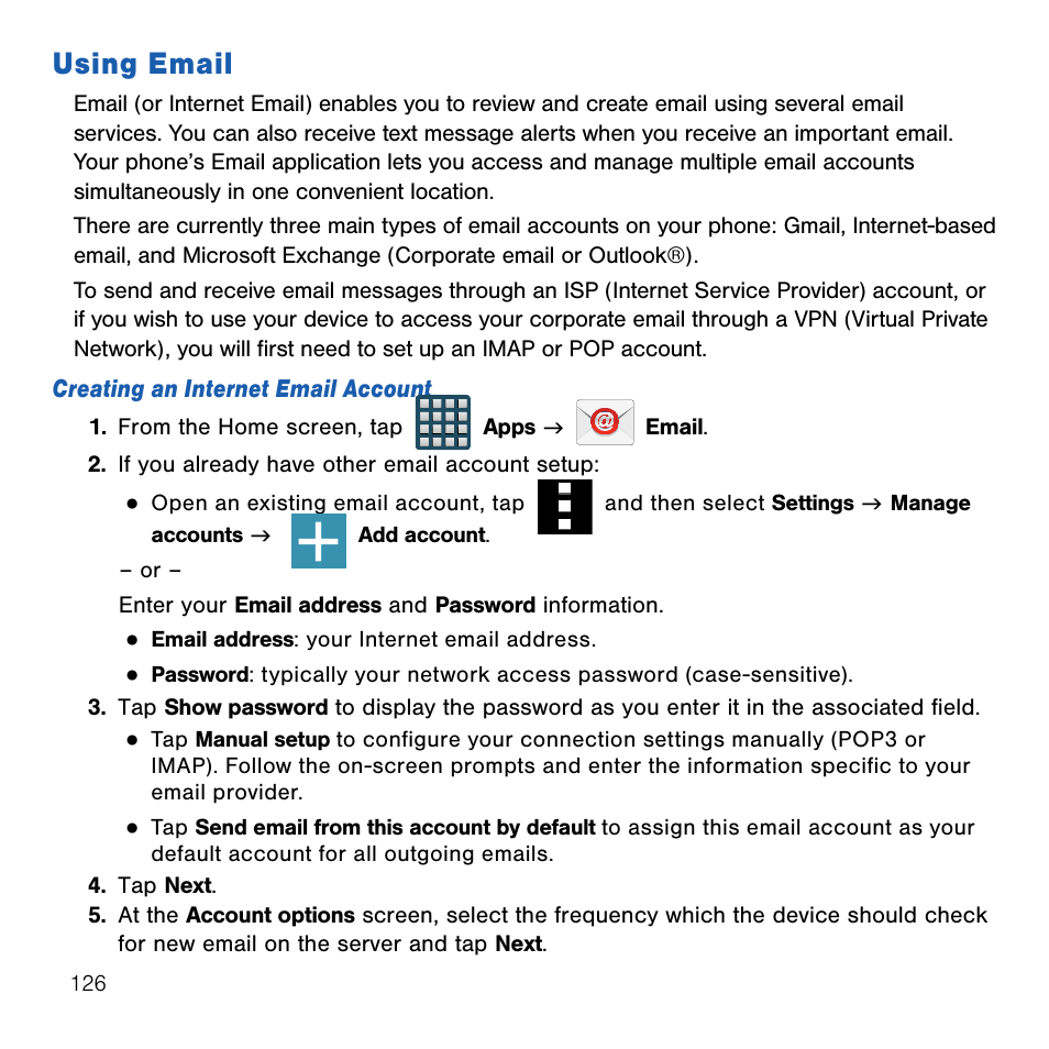 Using email | Samsung SM-G386TZKATMB User Manual | Page 126 / 313