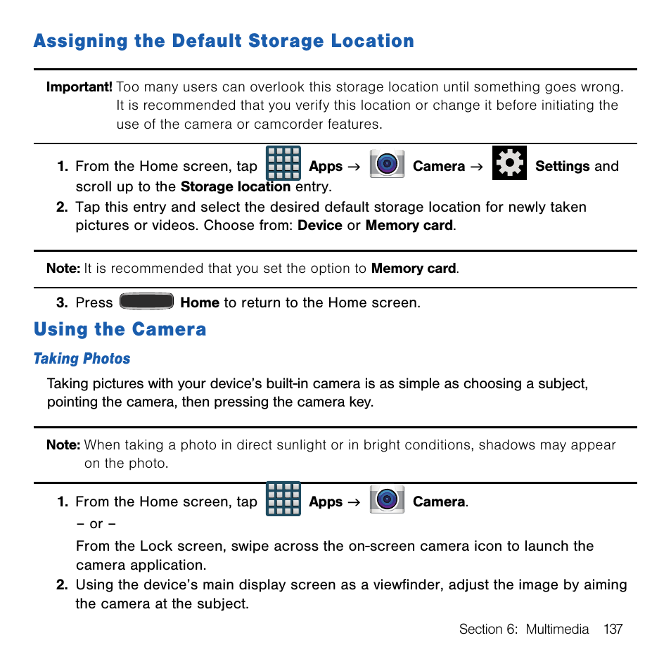 Assigning the default storage location, Using the camera, Assigning the default storage | Location using the camera | Samsung SM-G386TZKATMB User Manual | Page 137 / 313