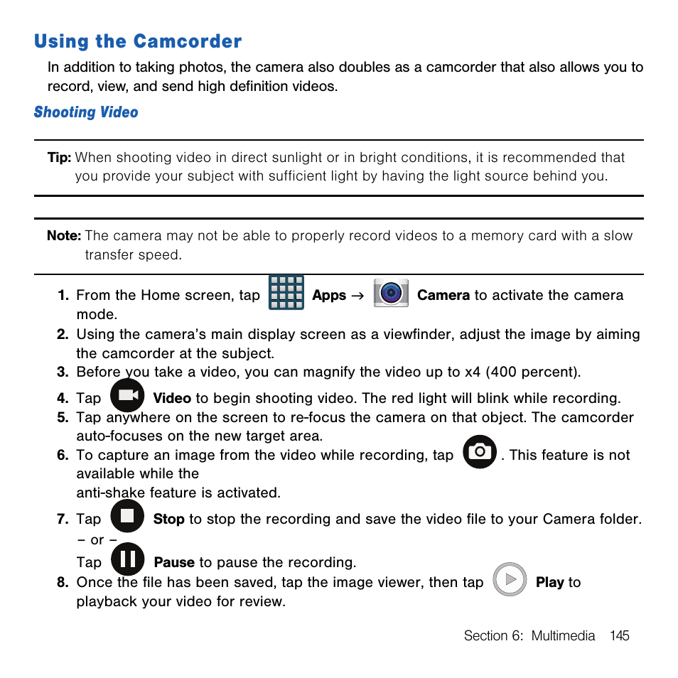 Using the camcorder | Samsung SM-G386TZKATMB User Manual | Page 145 / 313