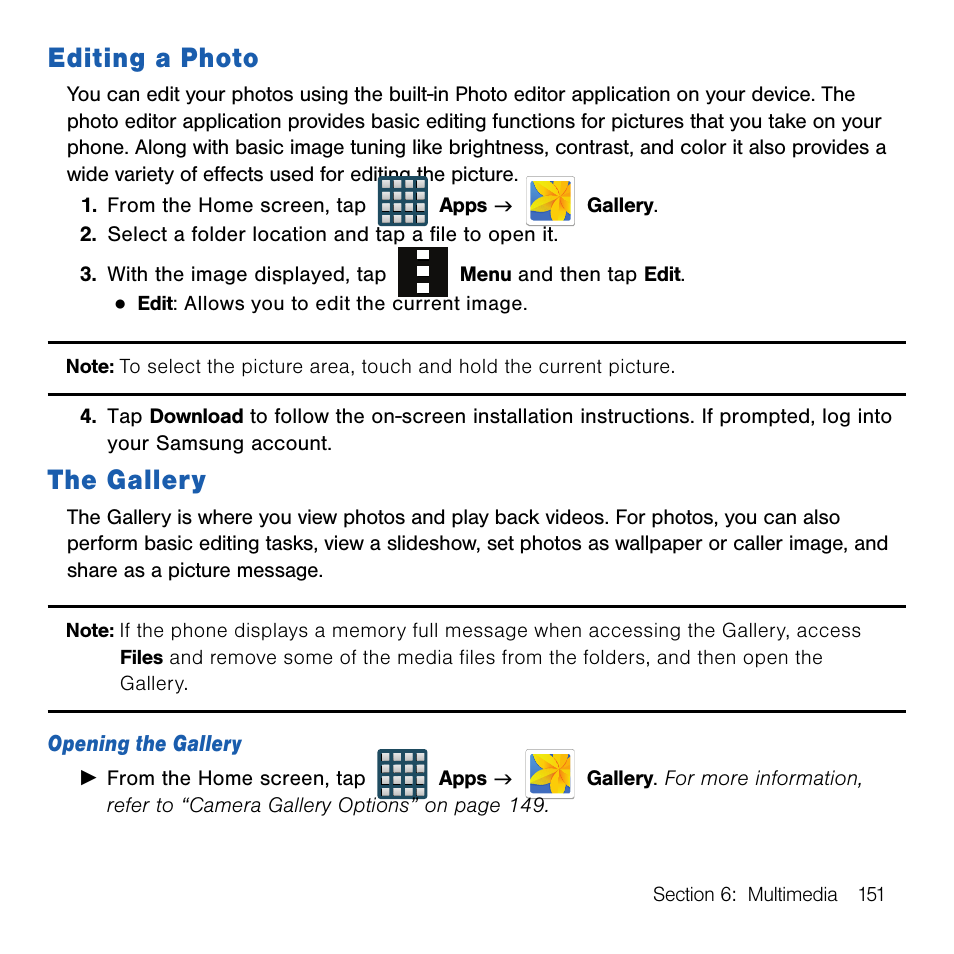 Editing a photo, The gallery, Editing a photo the gallery | Samsung SM-G386TZKATMB User Manual | Page 151 / 313