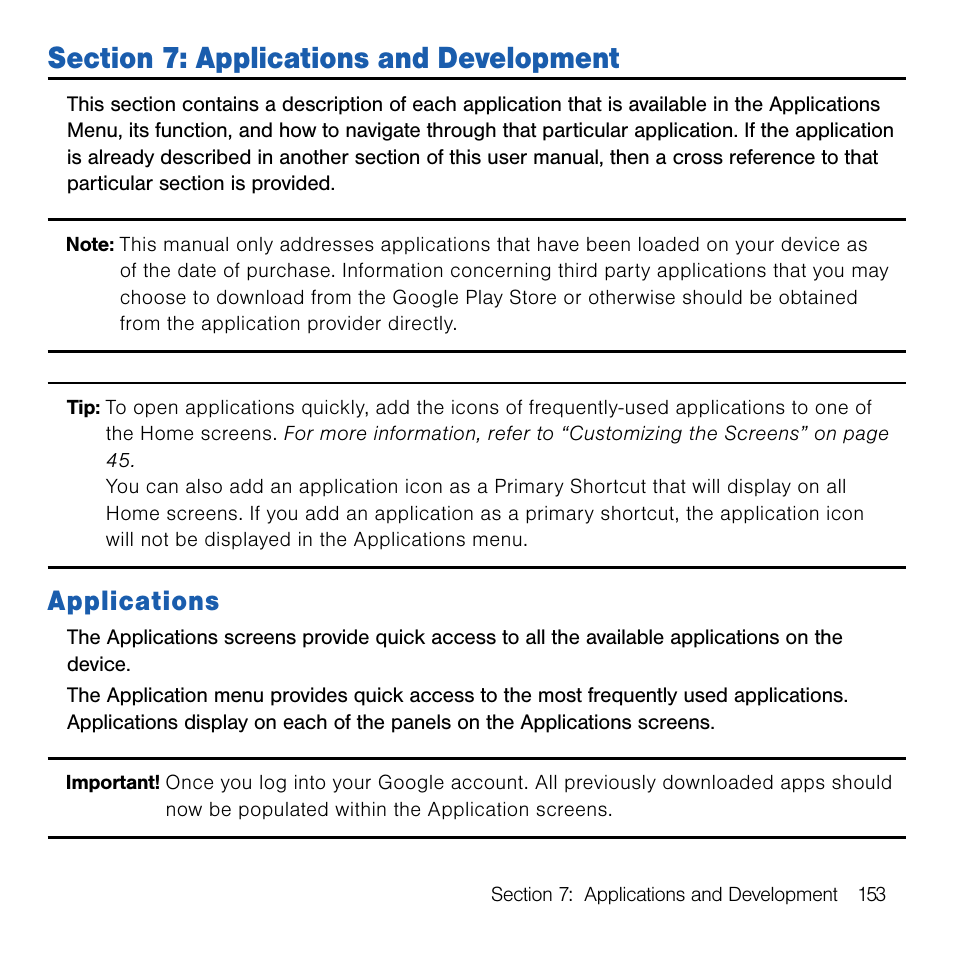 Section 7: applications and development, Applications, Section 7: applications and | Development | Samsung SM-G386TZKATMB User Manual | Page 153 / 313