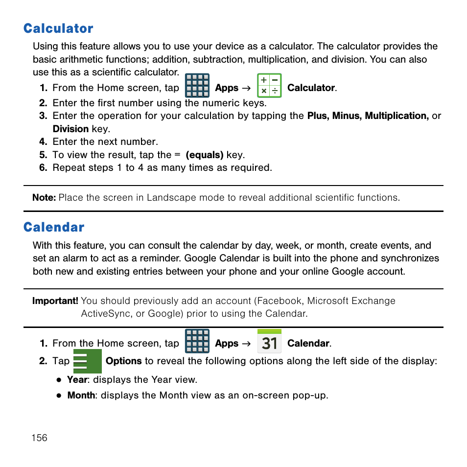 Calculator, Calendar, Calculator calendar | Samsung SM-G386TZKATMB User Manual | Page 156 / 313