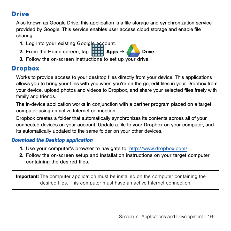 Drive, Dropbox, Drive dropbox | Samsung SM-G386TZKATMB User Manual | Page 165 / 313