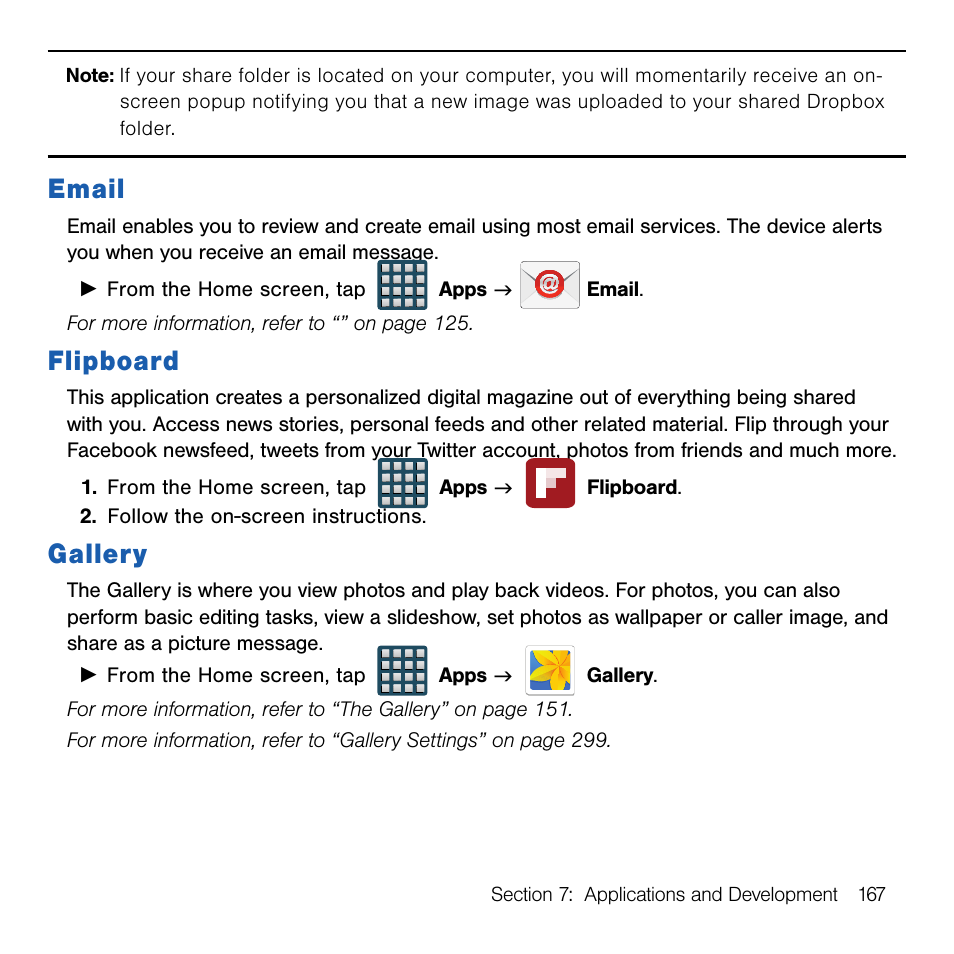 Email, Flipboard, Gallery | Email flipboard gallery | Samsung SM-G386TZKATMB User Manual | Page 167 / 313