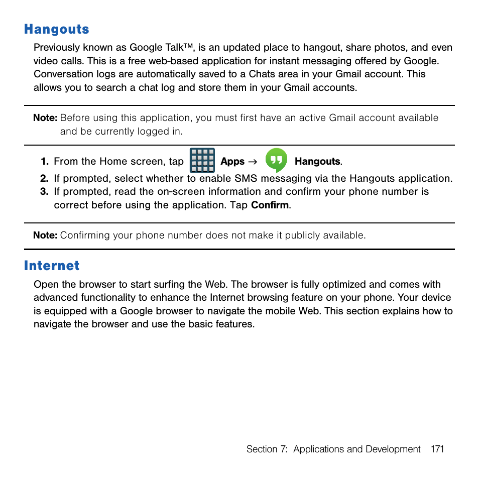 Hangouts, Internet, Hangouts internet | Samsung SM-G386TZKATMB User Manual | Page 171 / 313