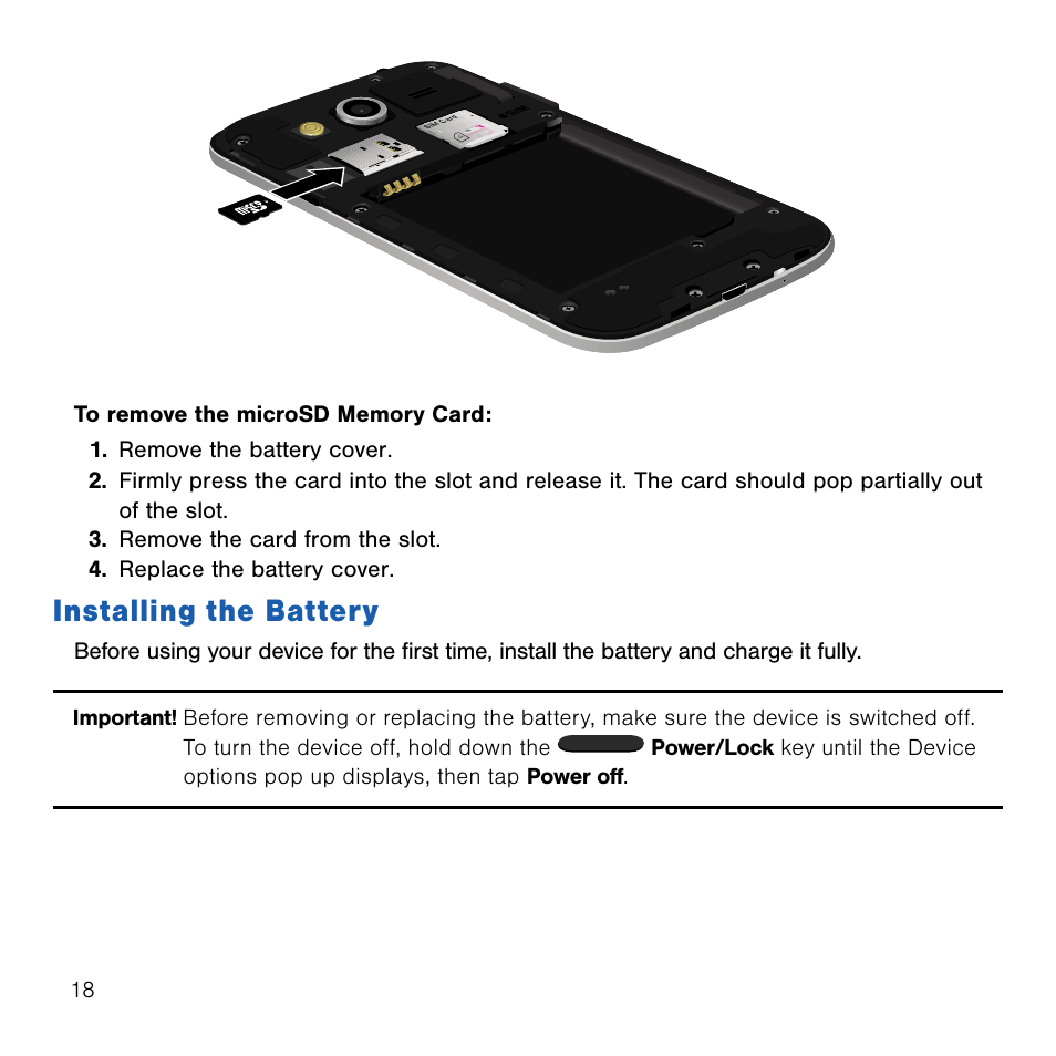 Installing the battery | Samsung SM-G386TZKATMB User Manual | Page 18 / 313