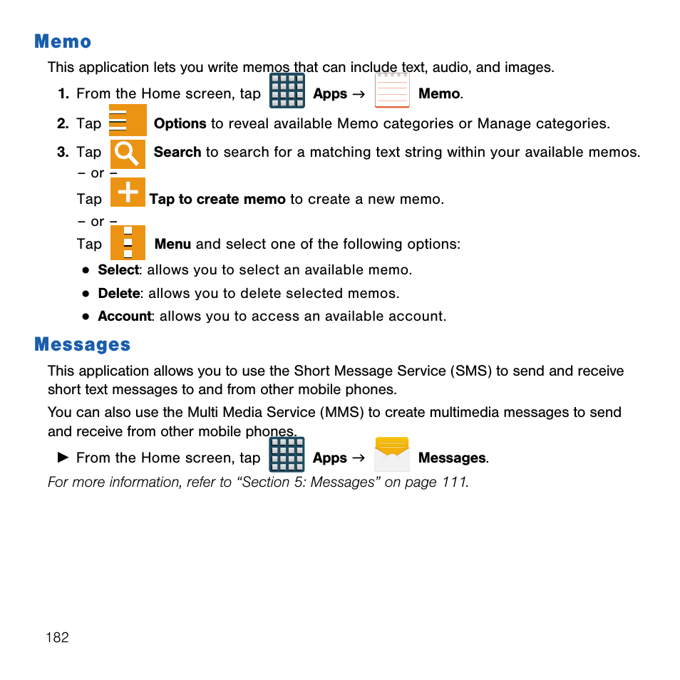 Memo, Messages, Memo messages | Samsung SM-G386TZKATMB User Manual | Page 182 / 313
