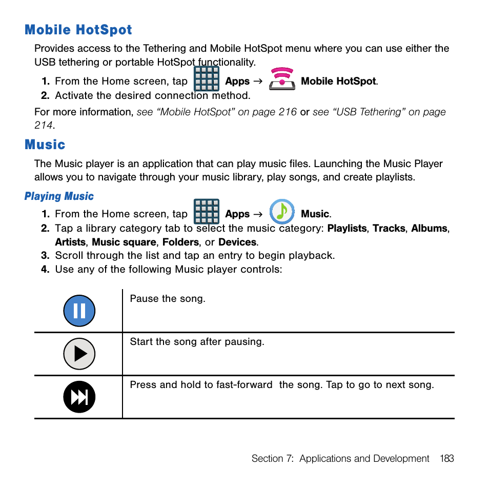 Mobile hotspot, Music, Mobile hotspot music | Samsung SM-G386TZKATMB User Manual | Page 183 / 313