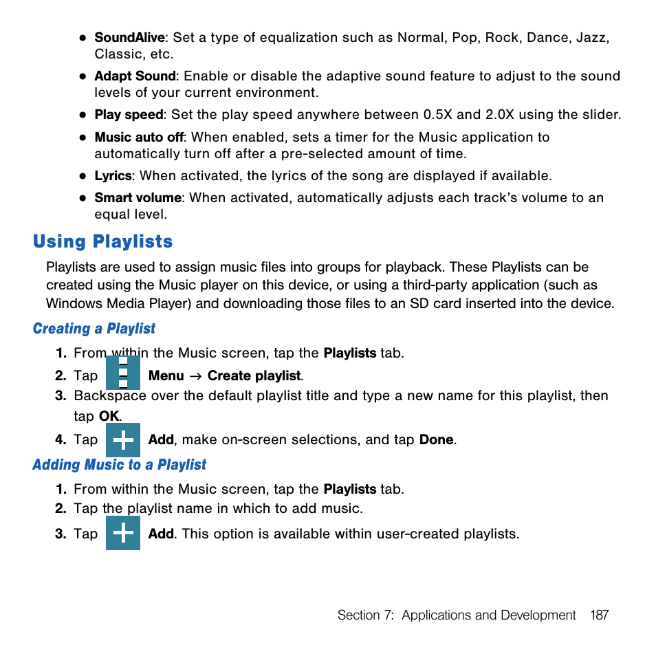 Using playlists | Samsung SM-G386TZKATMB User Manual | Page 187 / 313