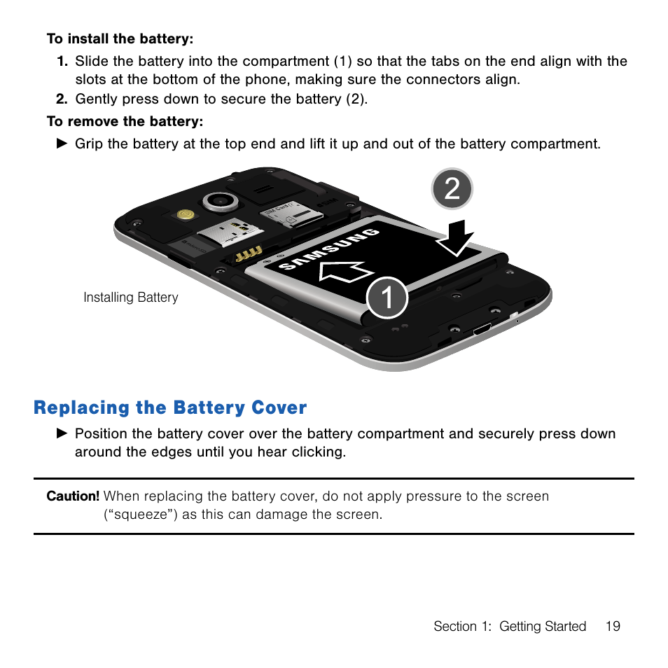 Replacing the battery cover | Samsung SM-G386TZKATMB User Manual | Page 19 / 313