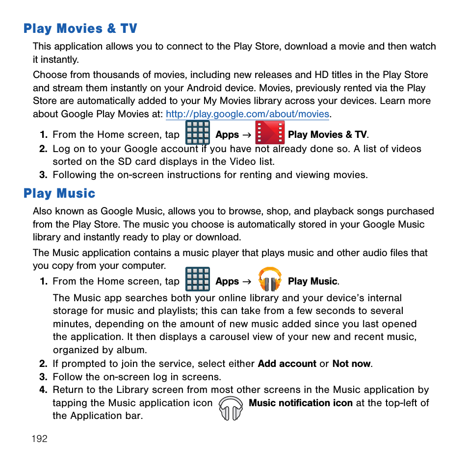 Play movies & tv, Play music, Play movies & tv play music | Samsung SM-G386TZKATMB User Manual | Page 192 / 313