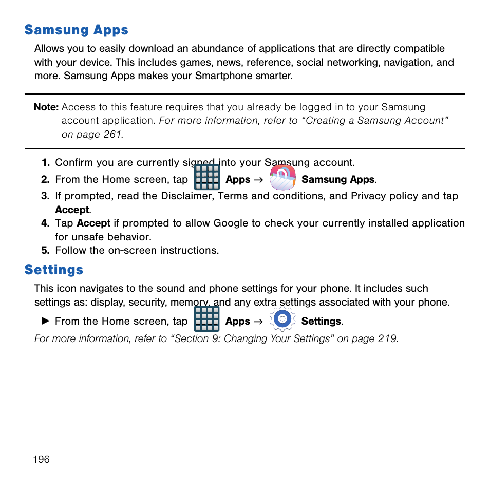 Samsung apps, Settings, Samsung apps settings | Samsung SM-G386TZKATMB User Manual | Page 196 / 313