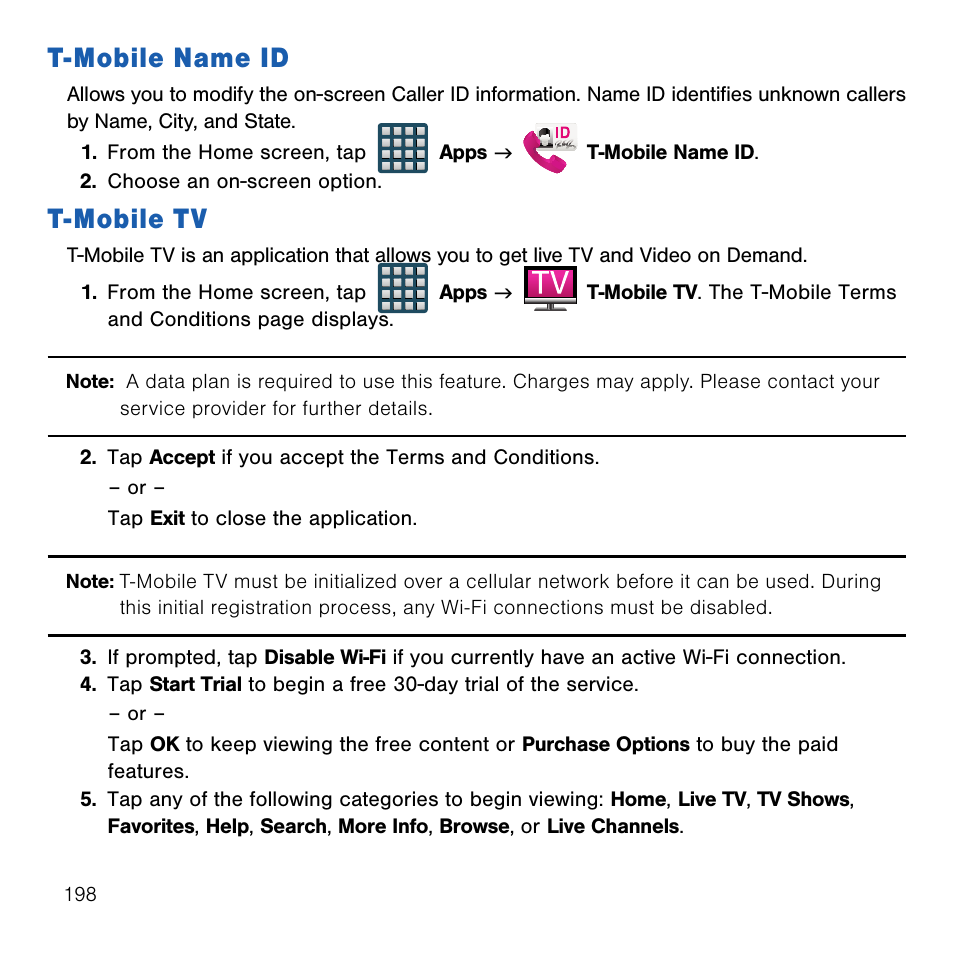 T-mobile name id, T-mobile tv, T‑mobile name id t‑mobile tv | Samsung SM-G386TZKATMB User Manual | Page 198 / 313