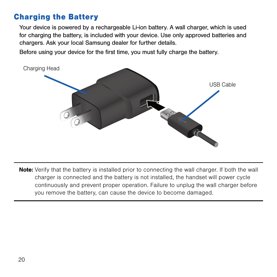 Charging the battery | Samsung SM-G386TZKATMB User Manual | Page 20 / 313