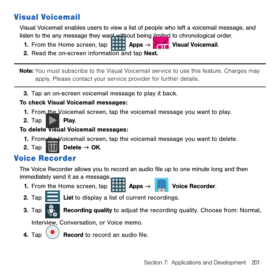 Visual voicemail, Voice recorder, Visual voicemail voice recorder | Samsung SM-G386TZKATMB User Manual | Page 201 / 313