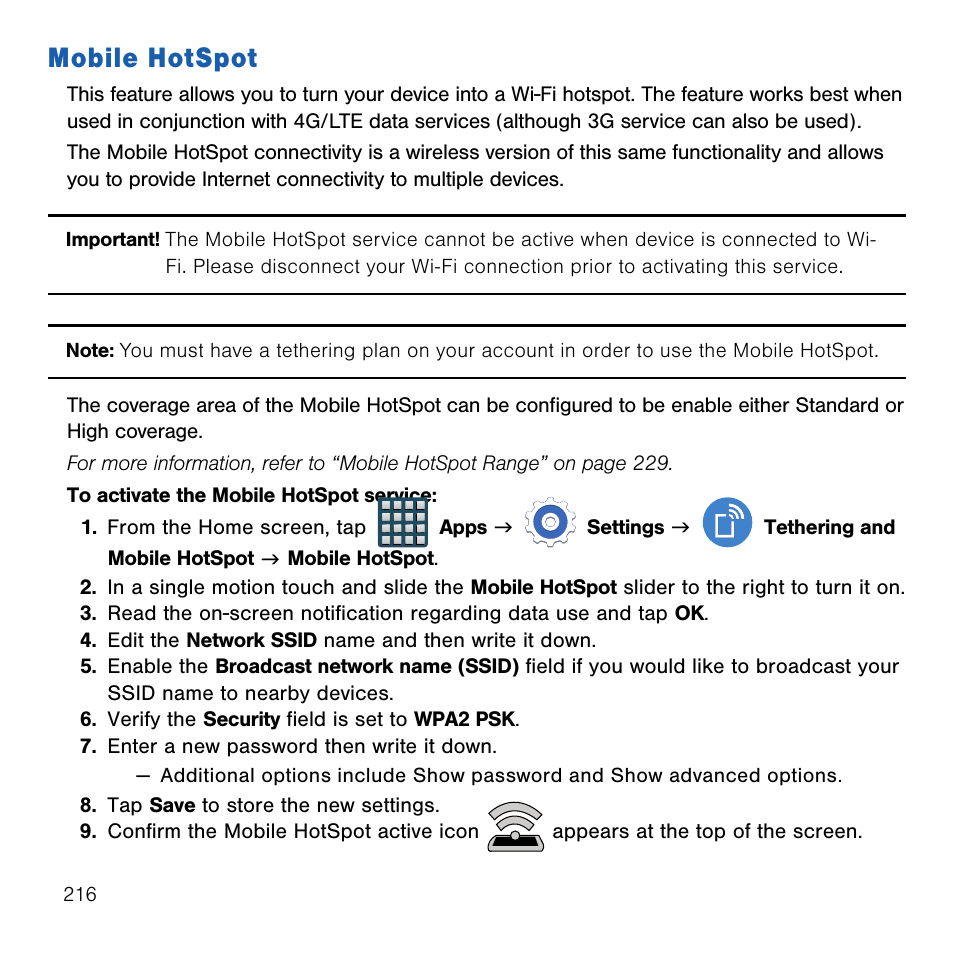 Mobile hotspot | Samsung SM-G386TZKATMB User Manual | Page 216 / 313