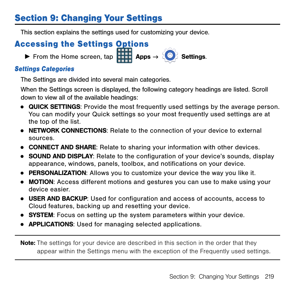 Section 9: changing your settings, Accessing the settings options, Section 9: changing your | Settings | Samsung SM-G386TZKATMB User Manual | Page 219 / 313