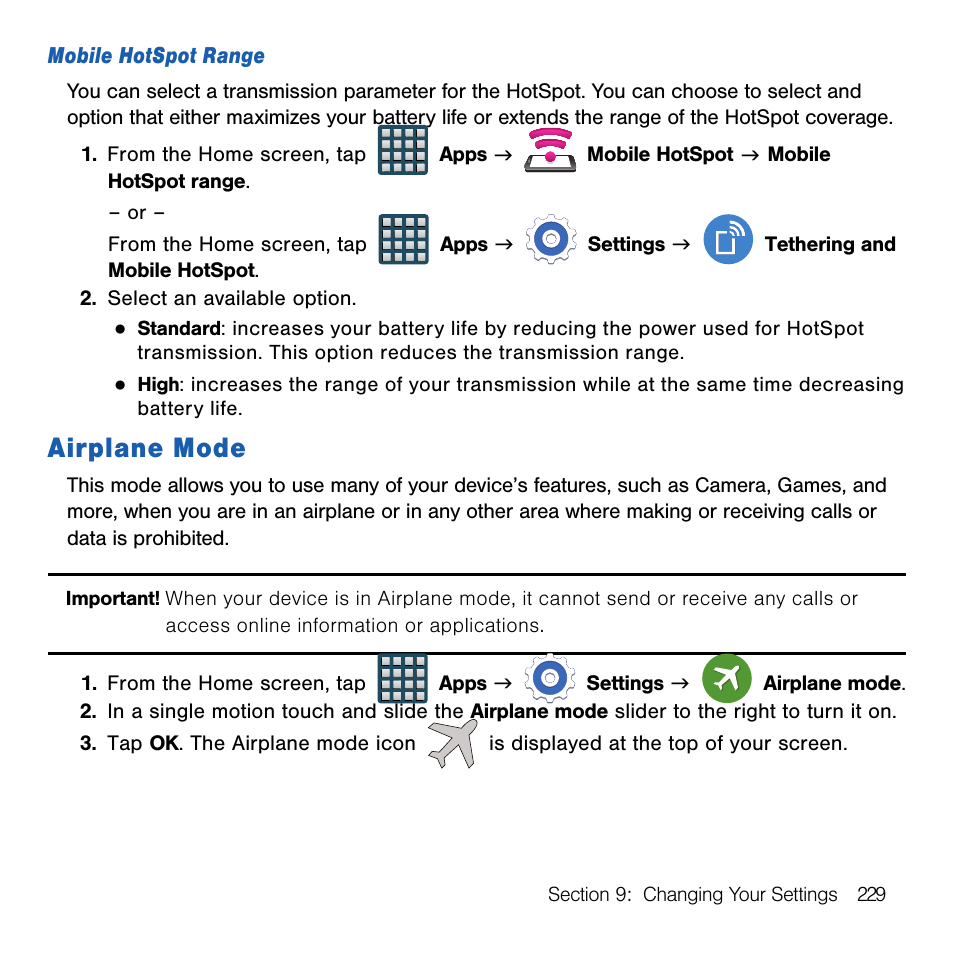 Airplane mode | Samsung SM-G386TZKATMB User Manual | Page 229 / 313