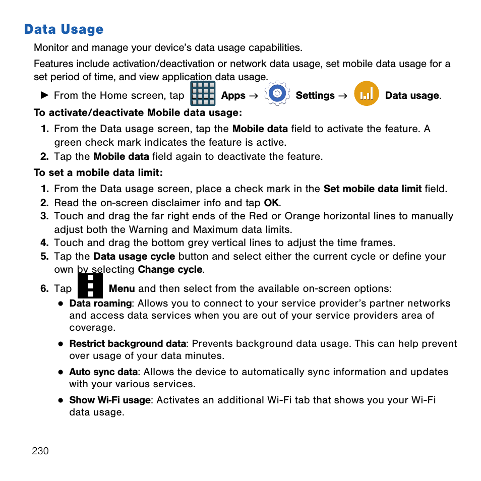 Data usage | Samsung SM-G386TZKATMB User Manual | Page 230 / 313