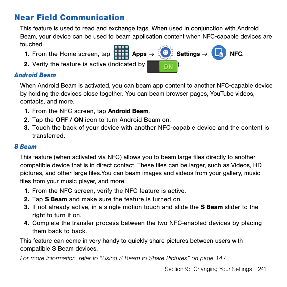 Near field communication | Samsung SM-G386TZKATMB User Manual | Page 241 / 313