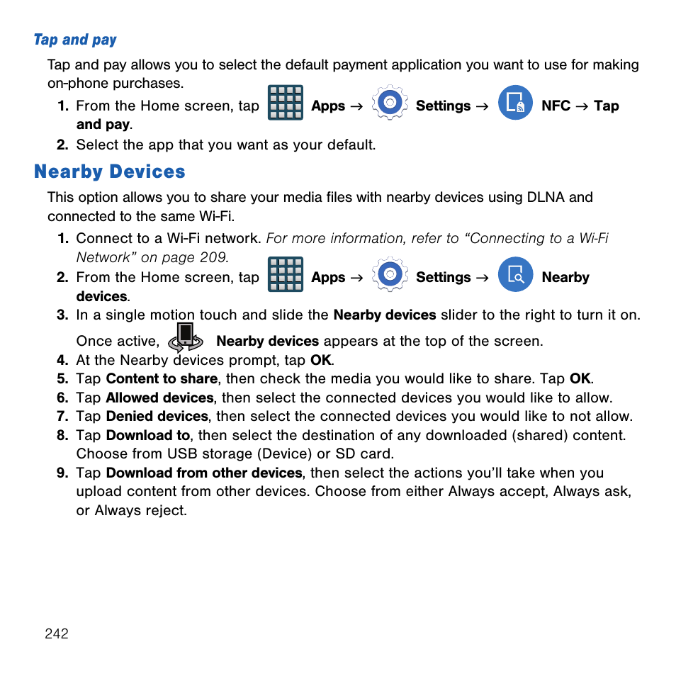 Nearby devices | Samsung SM-G386TZKATMB User Manual | Page 242 / 313